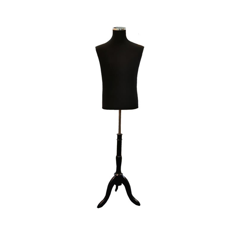 Male torso dress form in black on a black turned tripod stand.
