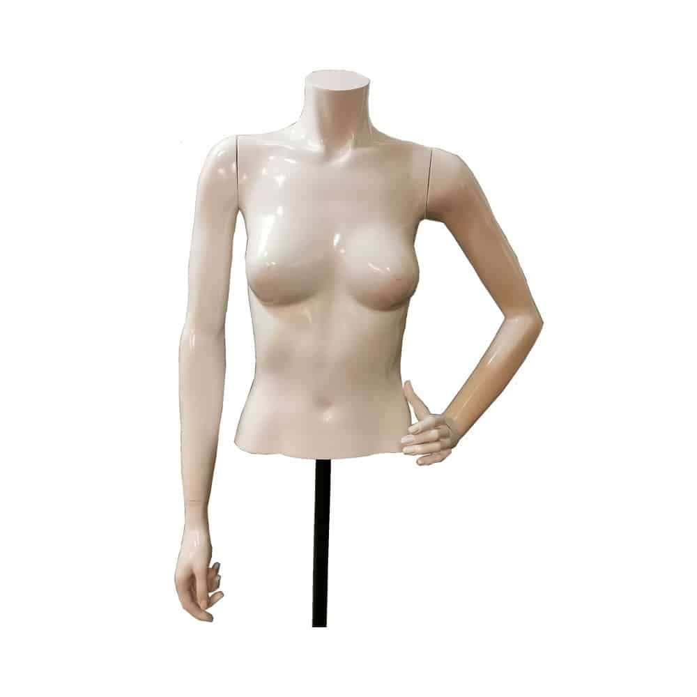 Skin-tone female torso mannequin with arms on a stand