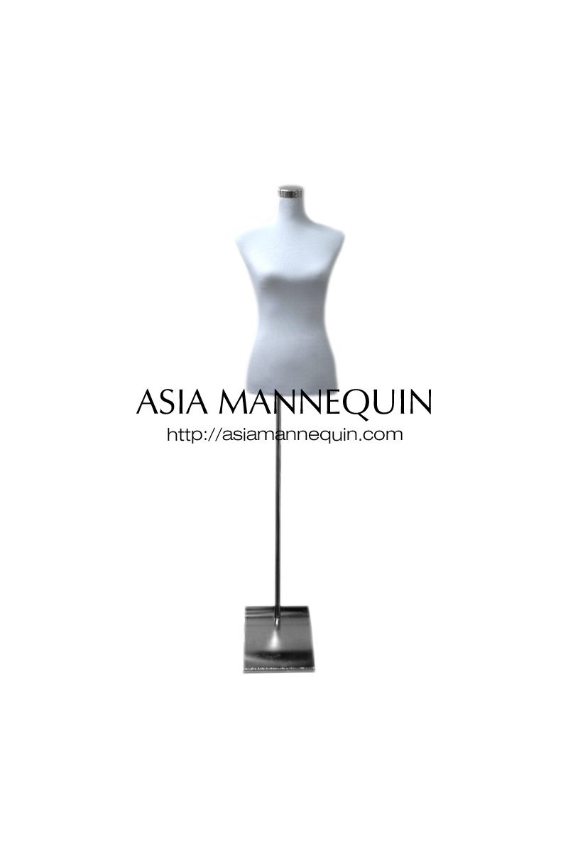 White female torso dress form on a metal stand, front view