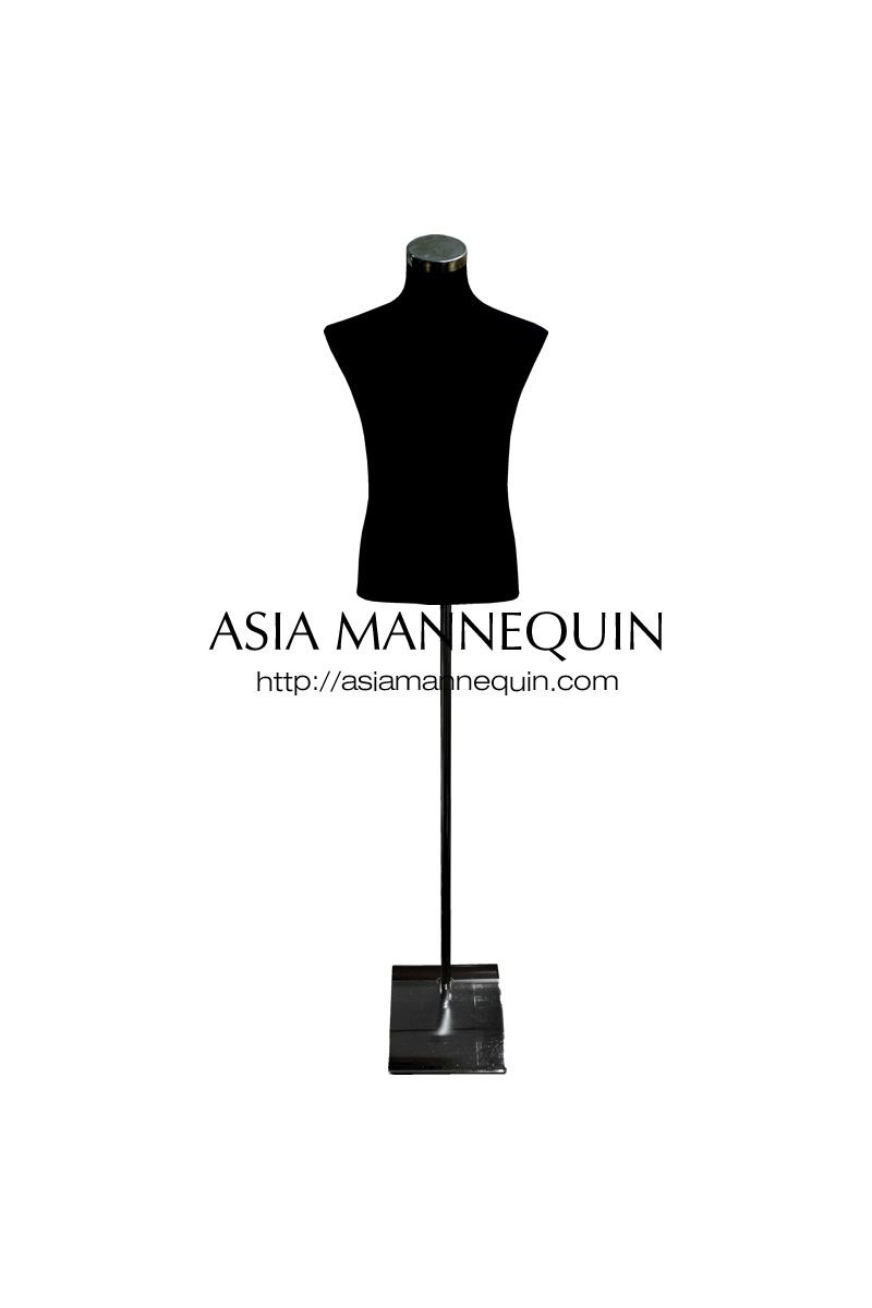 Black male torso dress form on a metal stand, front view