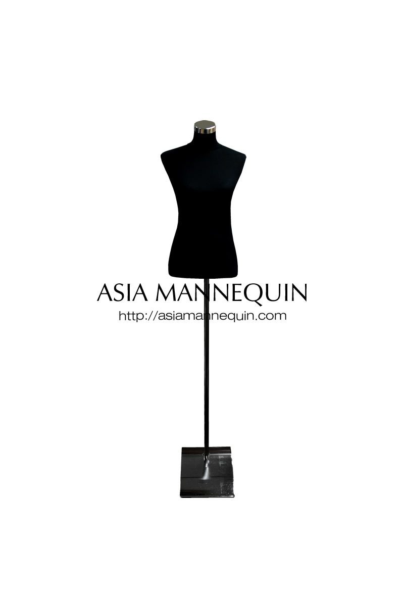 Black torso dress form on a stand, front view