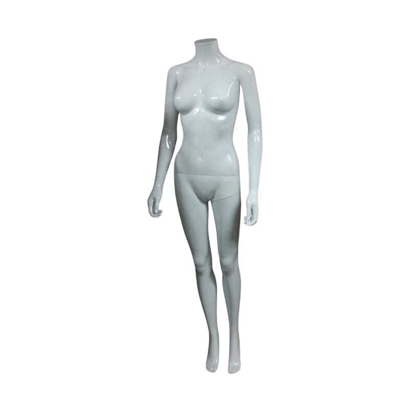 Female glossy white headless full-body mannequin, front studio view