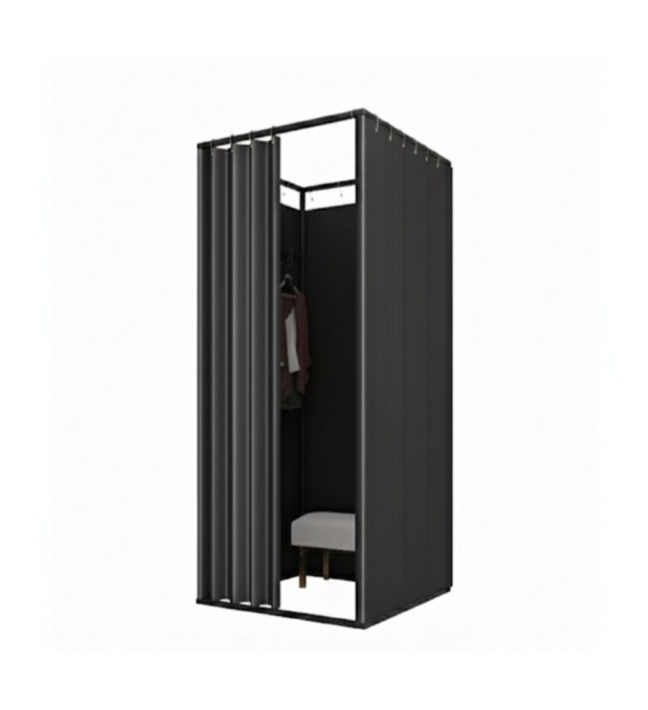 Black fitting cubicle with the entrance open