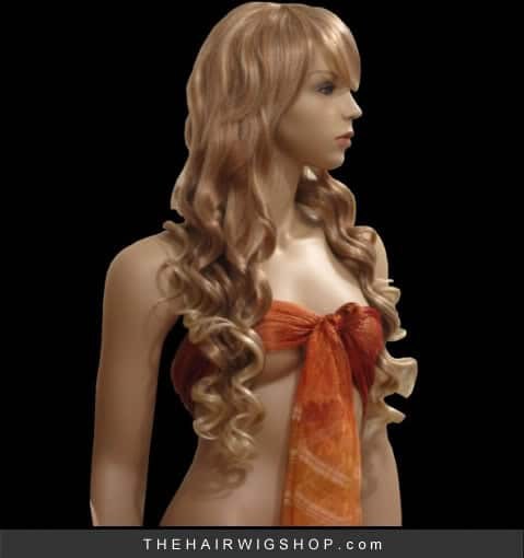 Curly wig with a side-swept fringe on a female mannequin, shown from the side.