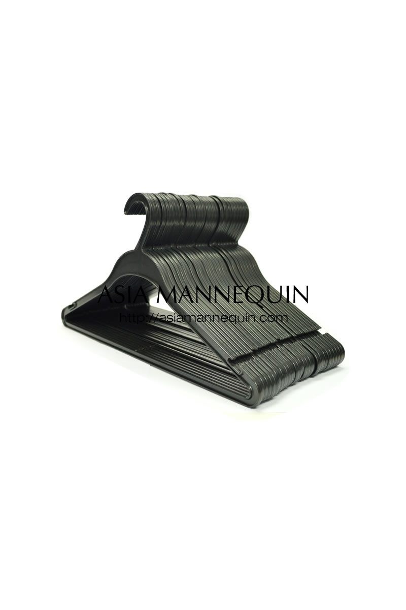 A stack of black one-piece hangers with moulded hooks and a lower bar.
