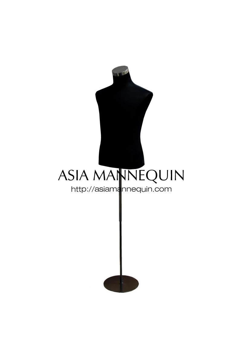Male torso dress form in black on a black upright with a flat round base.