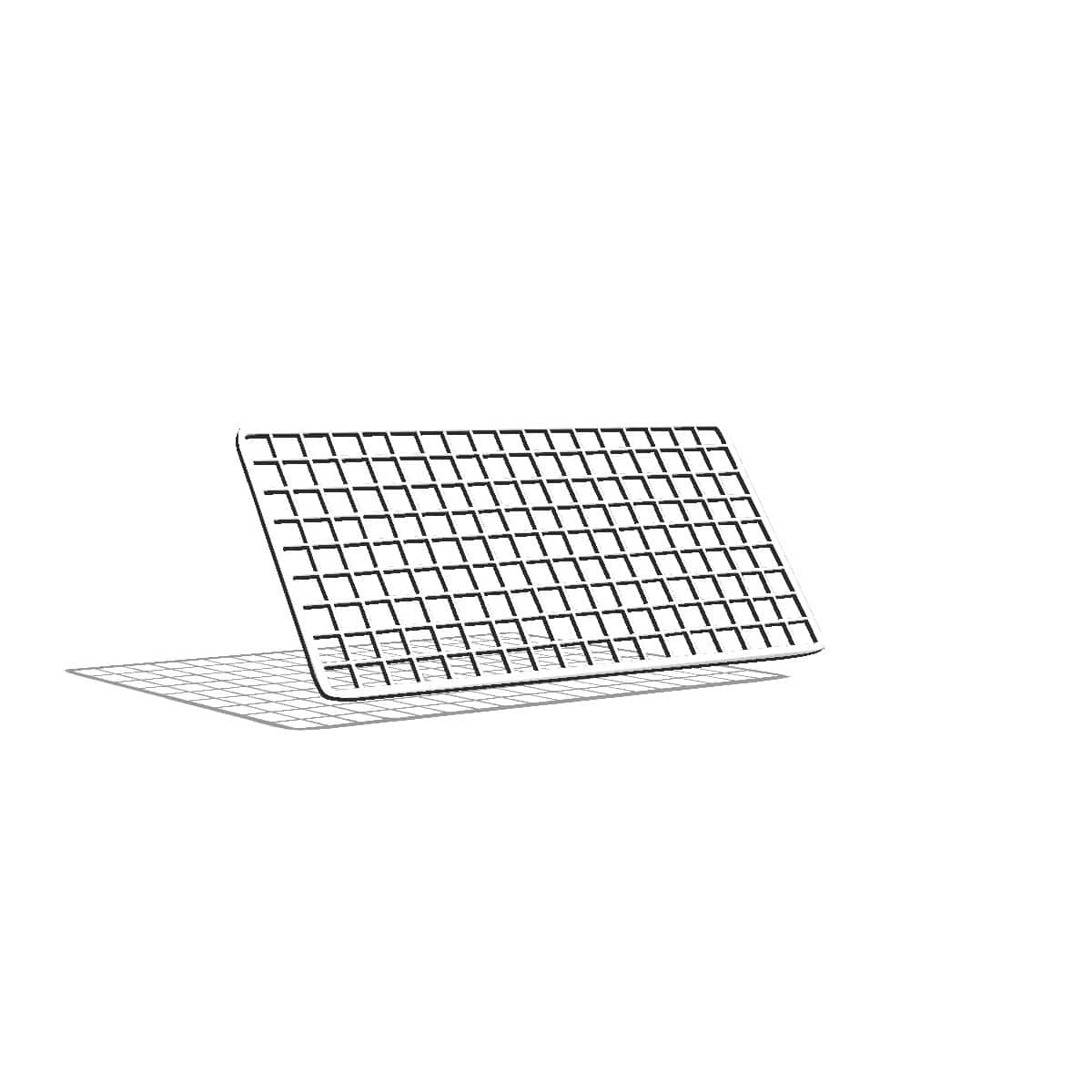 White wire grid panel, roughly twice as wide as it is deep, tilted on a plain background.