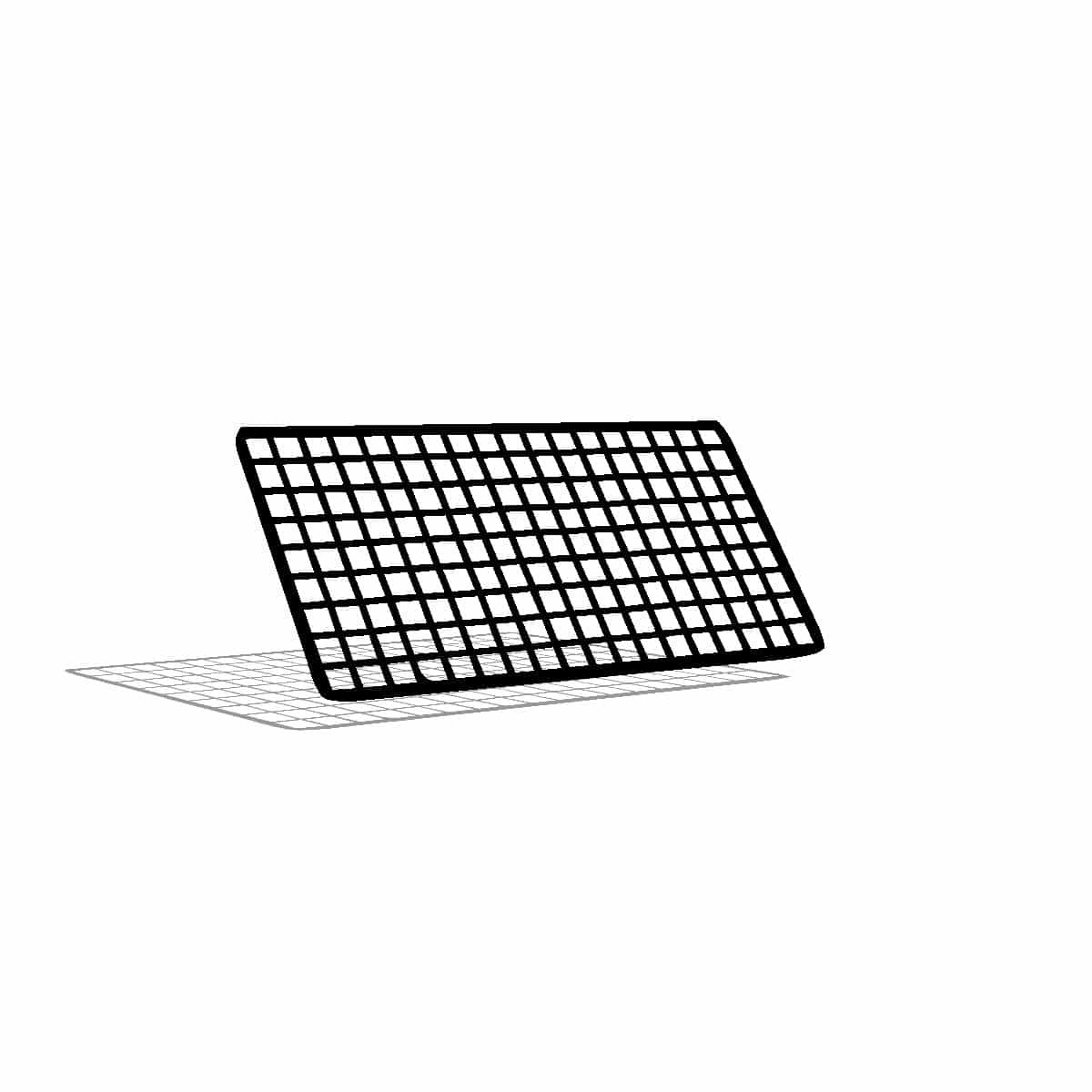 Black wire grid panel, roughly twice as wide as it is deep, tilted on a plain background.