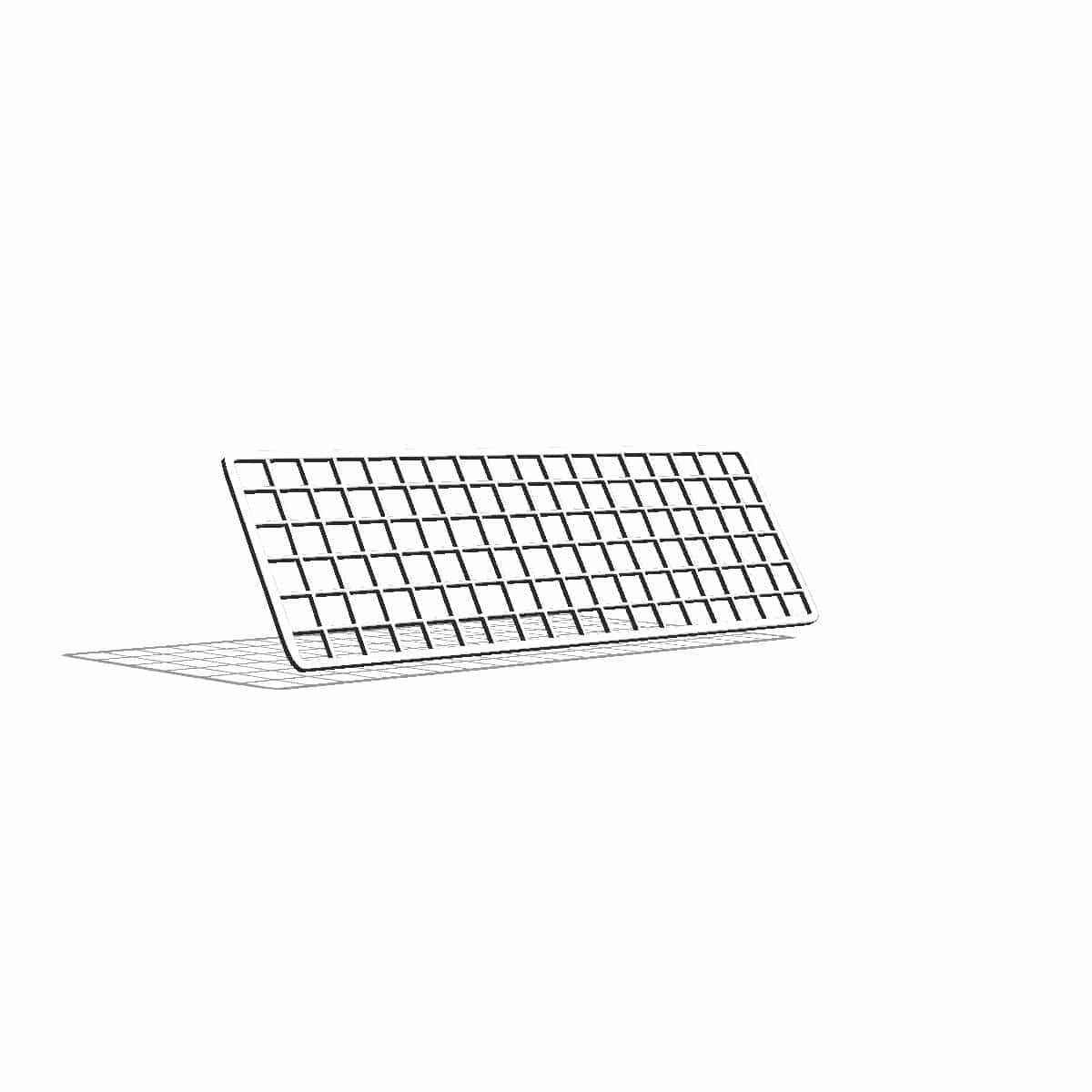 Shallow white wire grid panel, wide and low, tilted on a plain background.