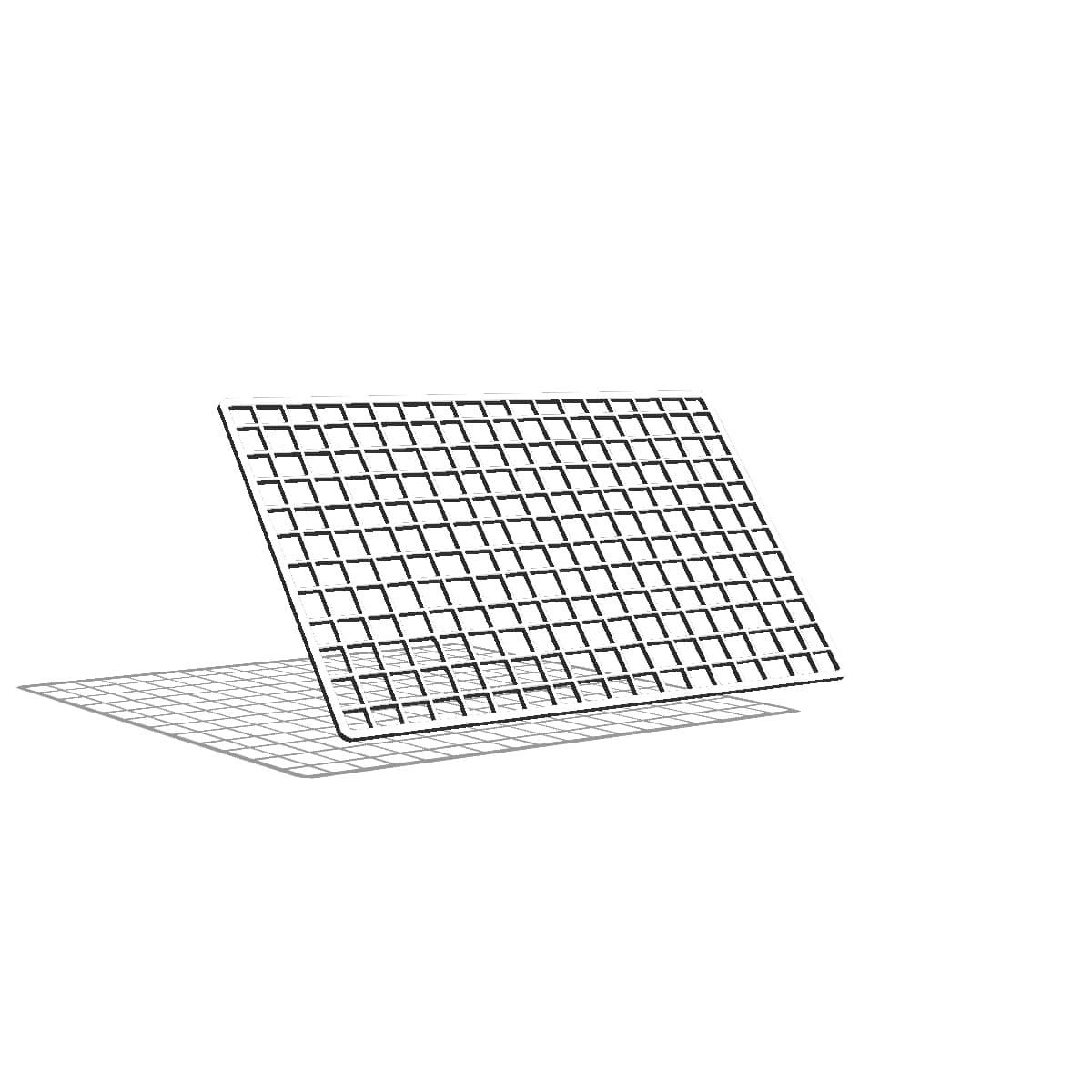 White wire grid panel, about three parts wide to two deep, seen at an angle on a plain background.