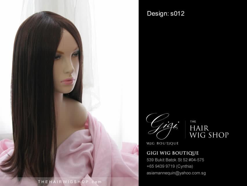 Dark brown straight wig with a centre parting on a mannequin.