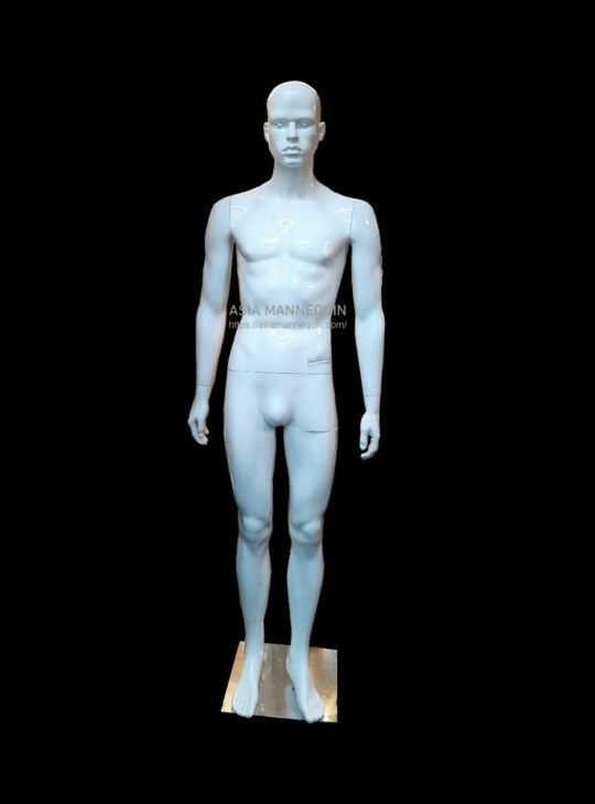 A white mannequin standing on a black background.