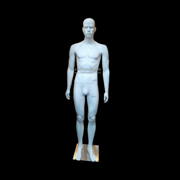 A white mannequin standing on a black background.
