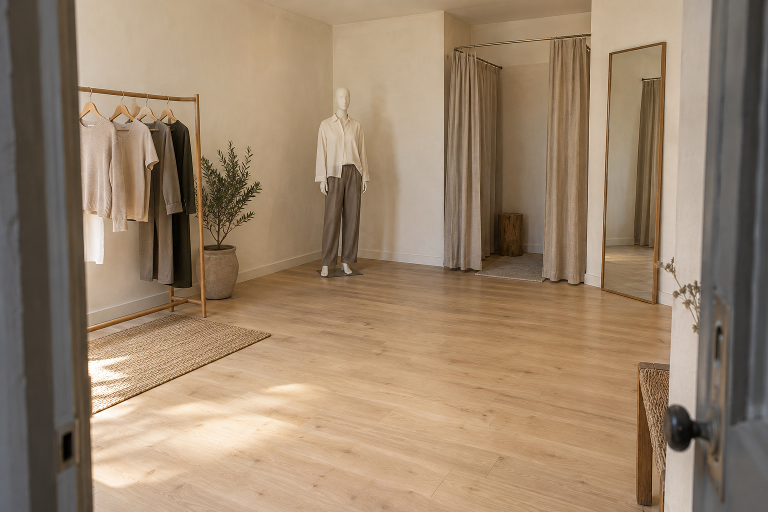 An illustrative fashion pop-up with a clothes rail, display mannequin and changing corner.