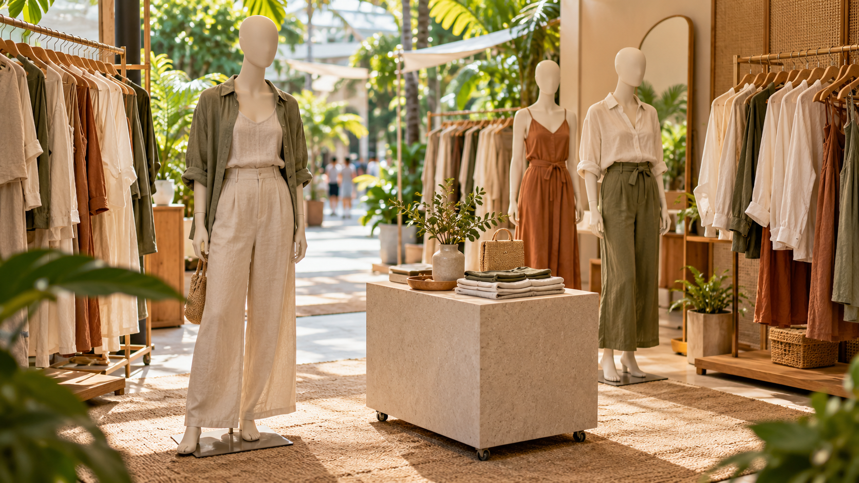 AI-generated fashion pop-up scene with neutral mannequins, garment rails and a clear walking route.